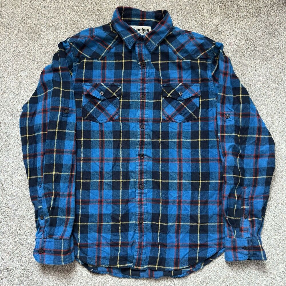 Urban Pipeline Flannel Shirt Mens XL Blue Plaid Cotton Button Up Roll Tab